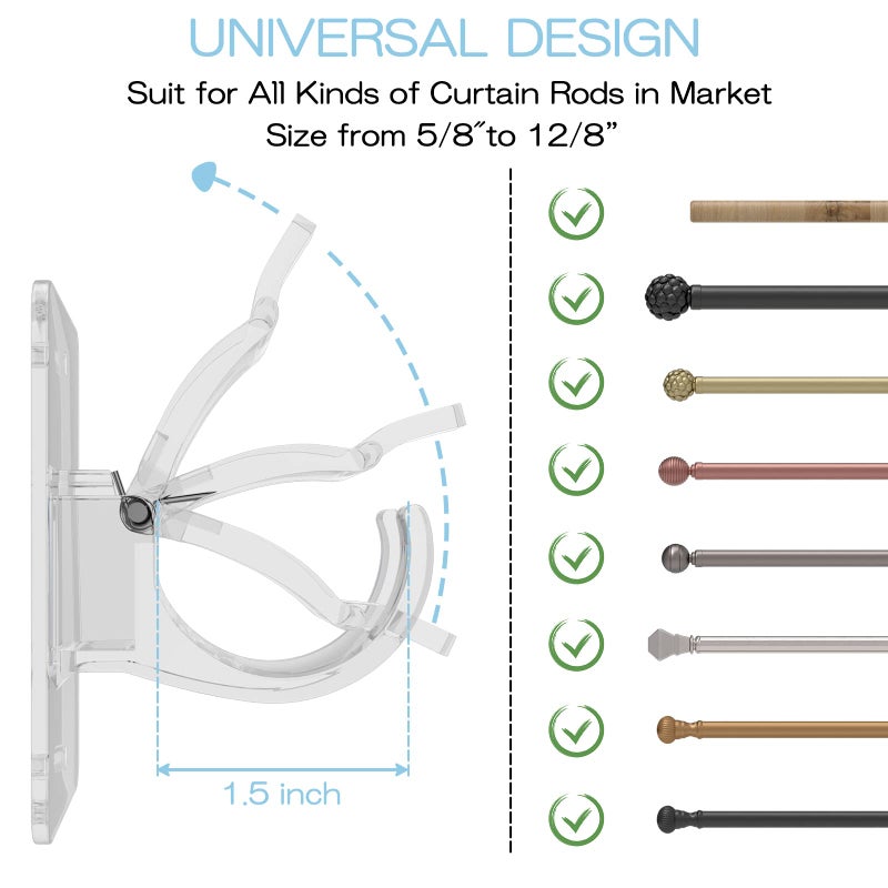CIEMGNZOC 8PCS No Drill Curtain Rod Brackets  Self-Adhesive Curtain Rods No Drilling  Nail Free Adjustable Curtain Rod Holders  Curtain Hooks for Rod Less Than 1.57 Inch Diameter (Transparent) - Image 2